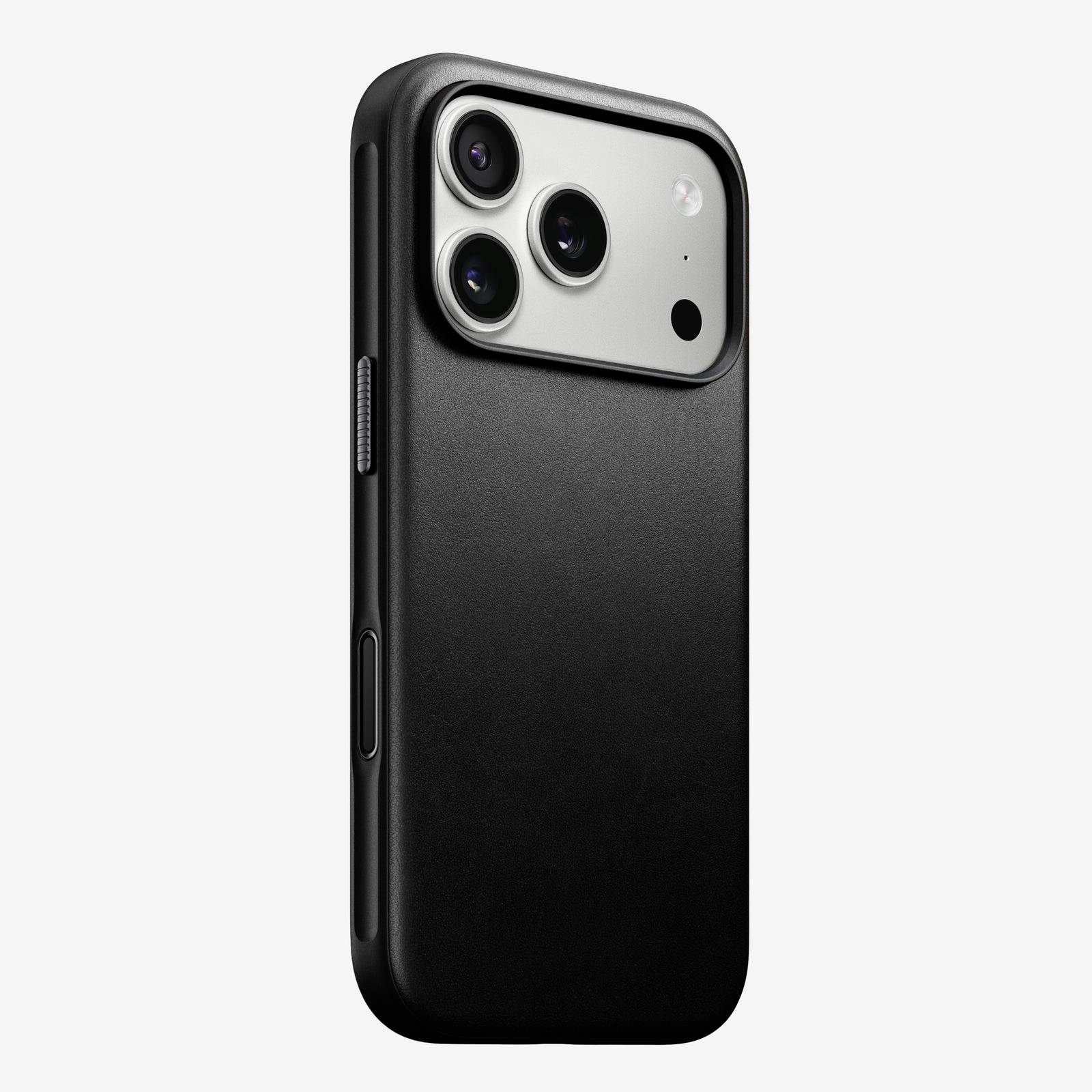 Sort smartphoneetui vist på bagsiden af en iPhone med ophøjet kamerasnit og åbninger til sideknapper.