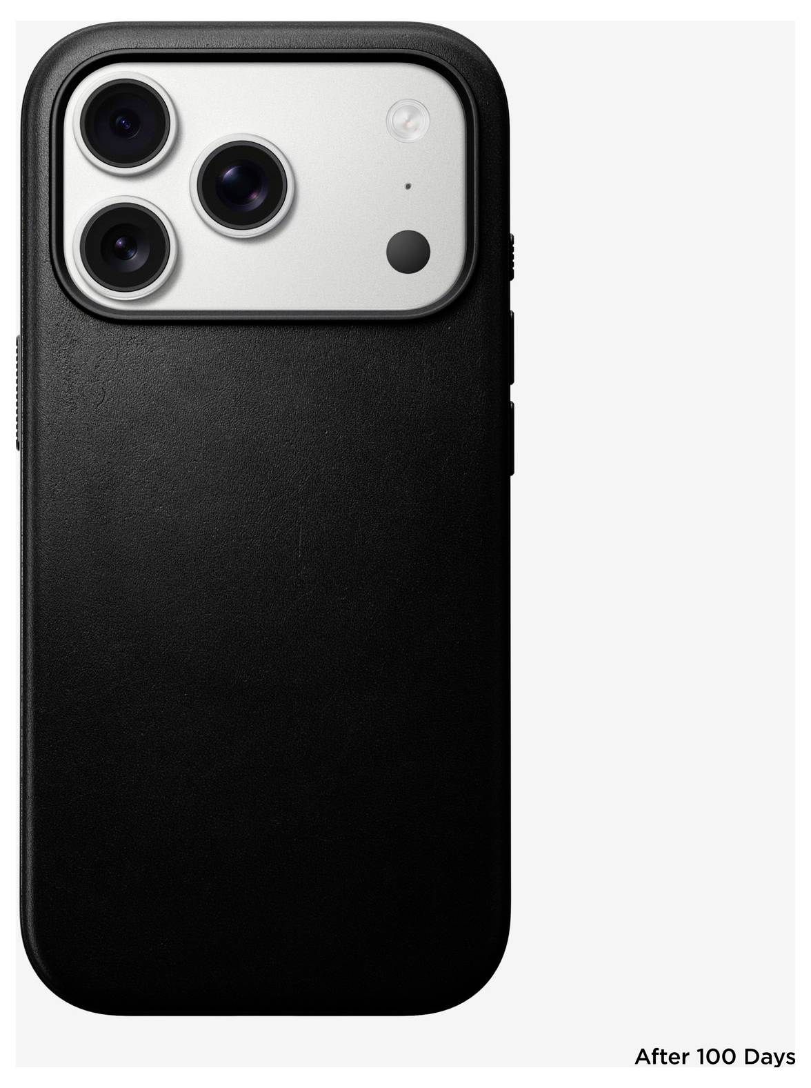 Sort iPhone-etui med forhøjet kameraudskæring, vist i et 'Efter 100 dage' holdbarhedssammenligningsbillede.
