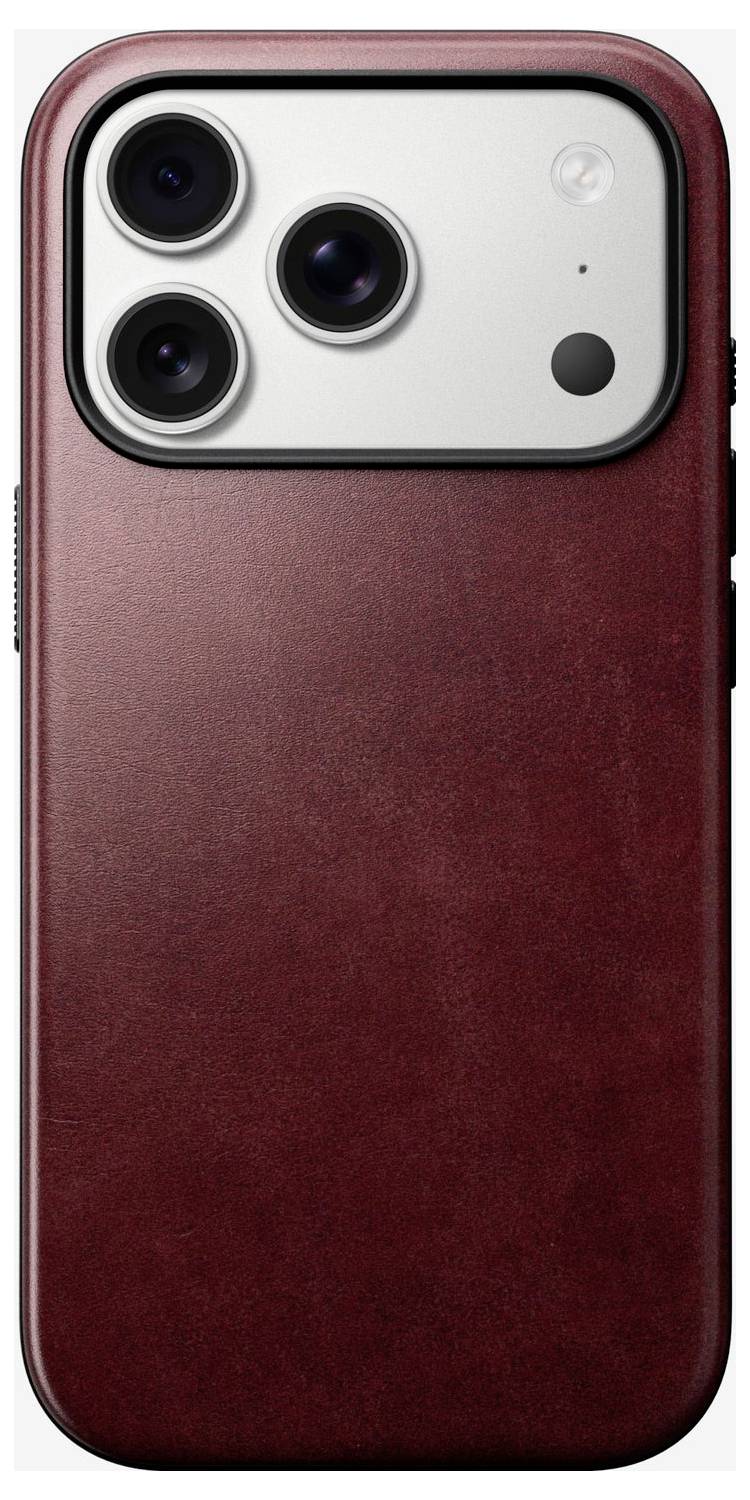 Rød læderiPhone-etui, der viser bagsiden, med tredobbelt kameraudspaing øverst til venstre.
