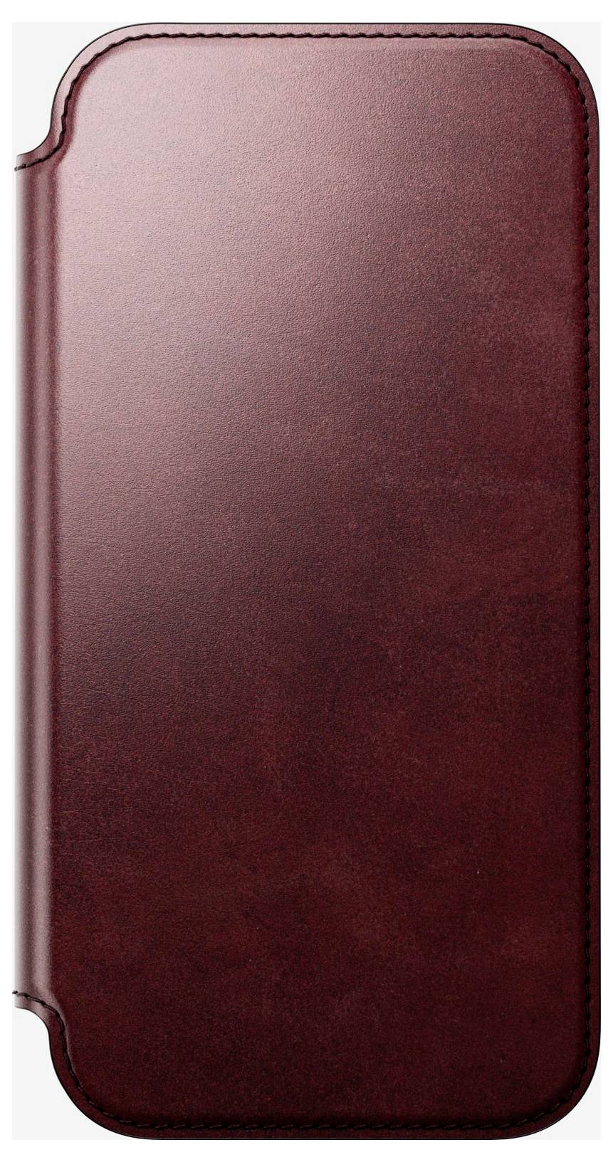 Et bordeauxrødt læder-phoneetui med afrundede hjørner og stikninger langs kanterne, vist forfra på hvid baggrund.