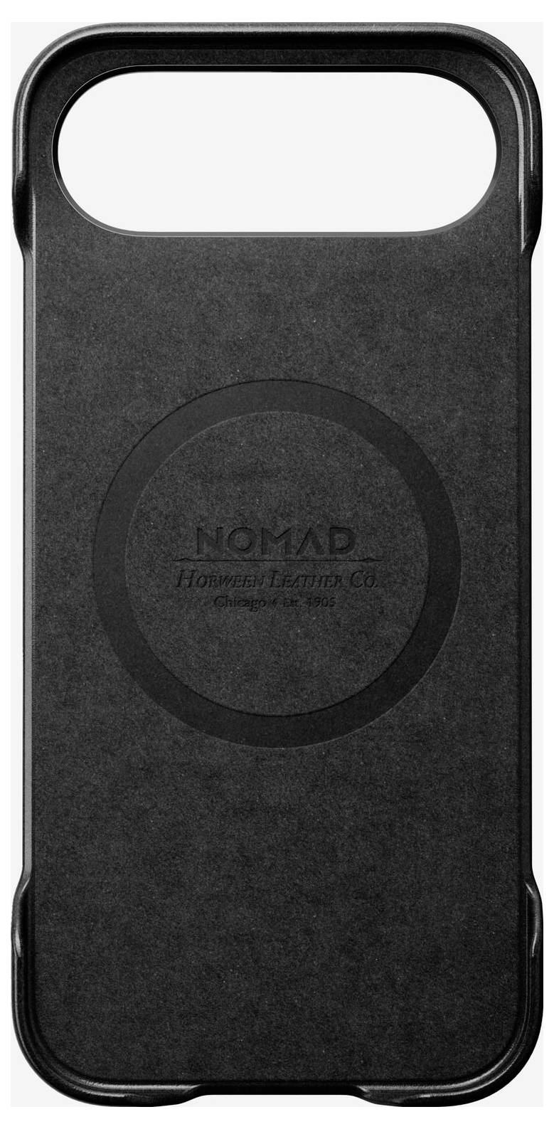 Sortebrunt Nomad-telefonetui med stort ovalt udskåret håndtag øverst og præget cirkulært 'NOMAD'-logo i midten.