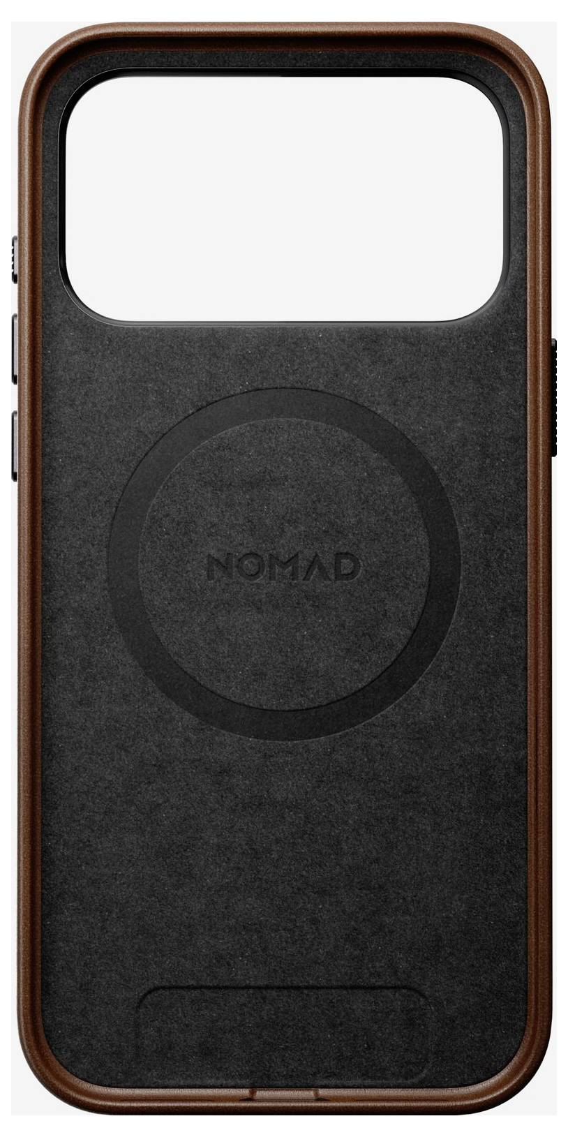 Sort og brun NOMAD-telefonetui med stort MagSafe-ringudsnit og kameraaabning øverst.
