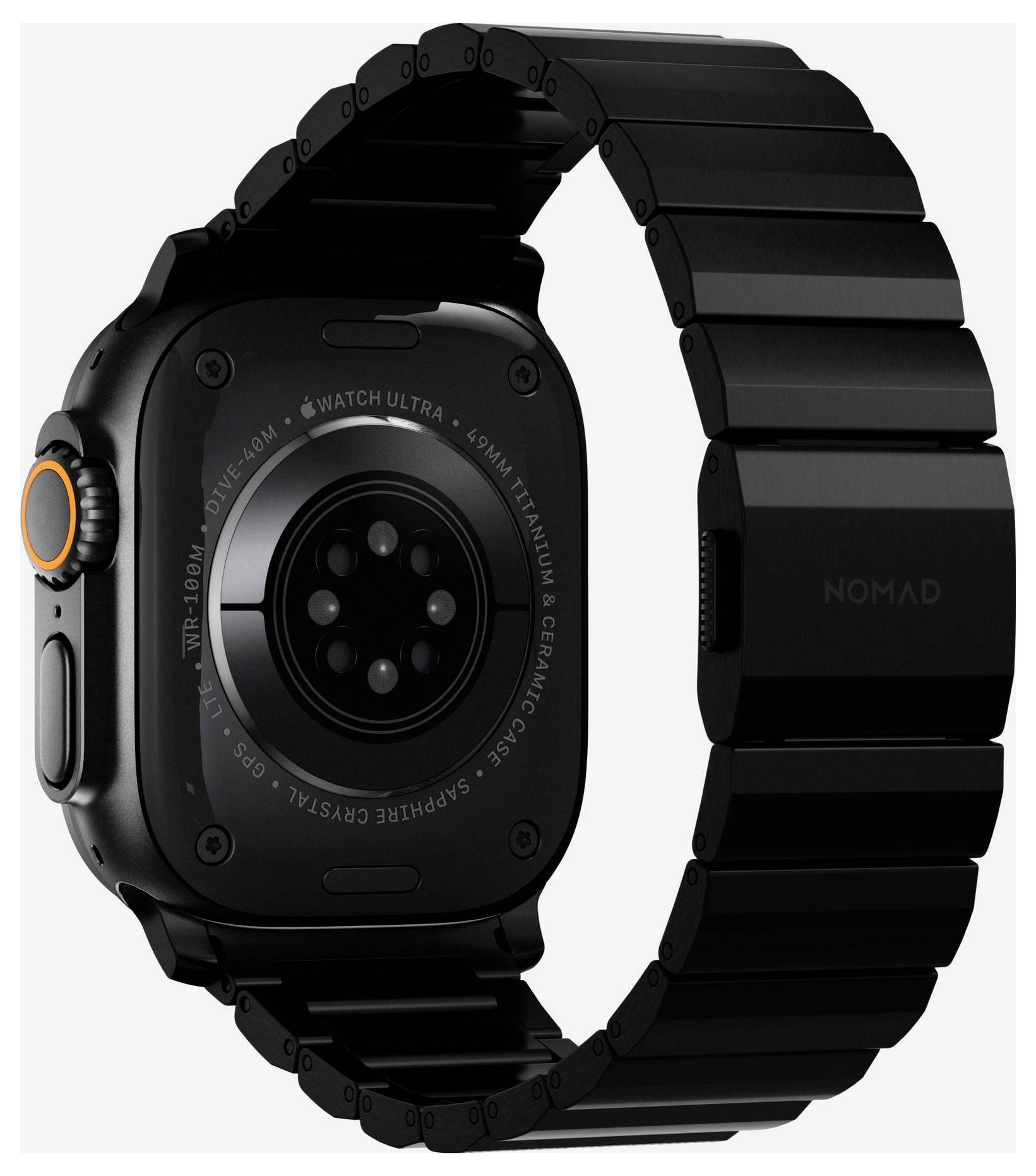 Sort Apple Watch Ultra med sort metallisk rem, vist fra bagsiden og siden på hvid baggrund.