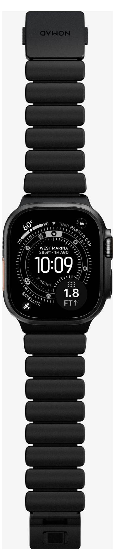 Sort Garmin smartwatch med rundt urskærm og sort silikone rem, der viser et fitnessstil-urskærm med 10:09 og 1,8 ft.