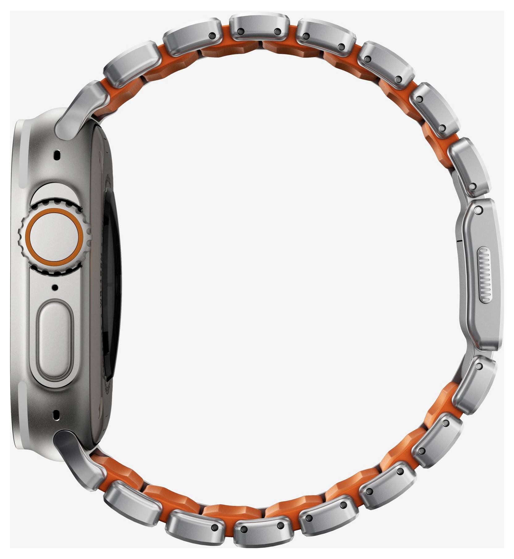 Sølv smartwatch med orange-accentueret metallisk rem vist i sidevisning på hvid baggrund.
