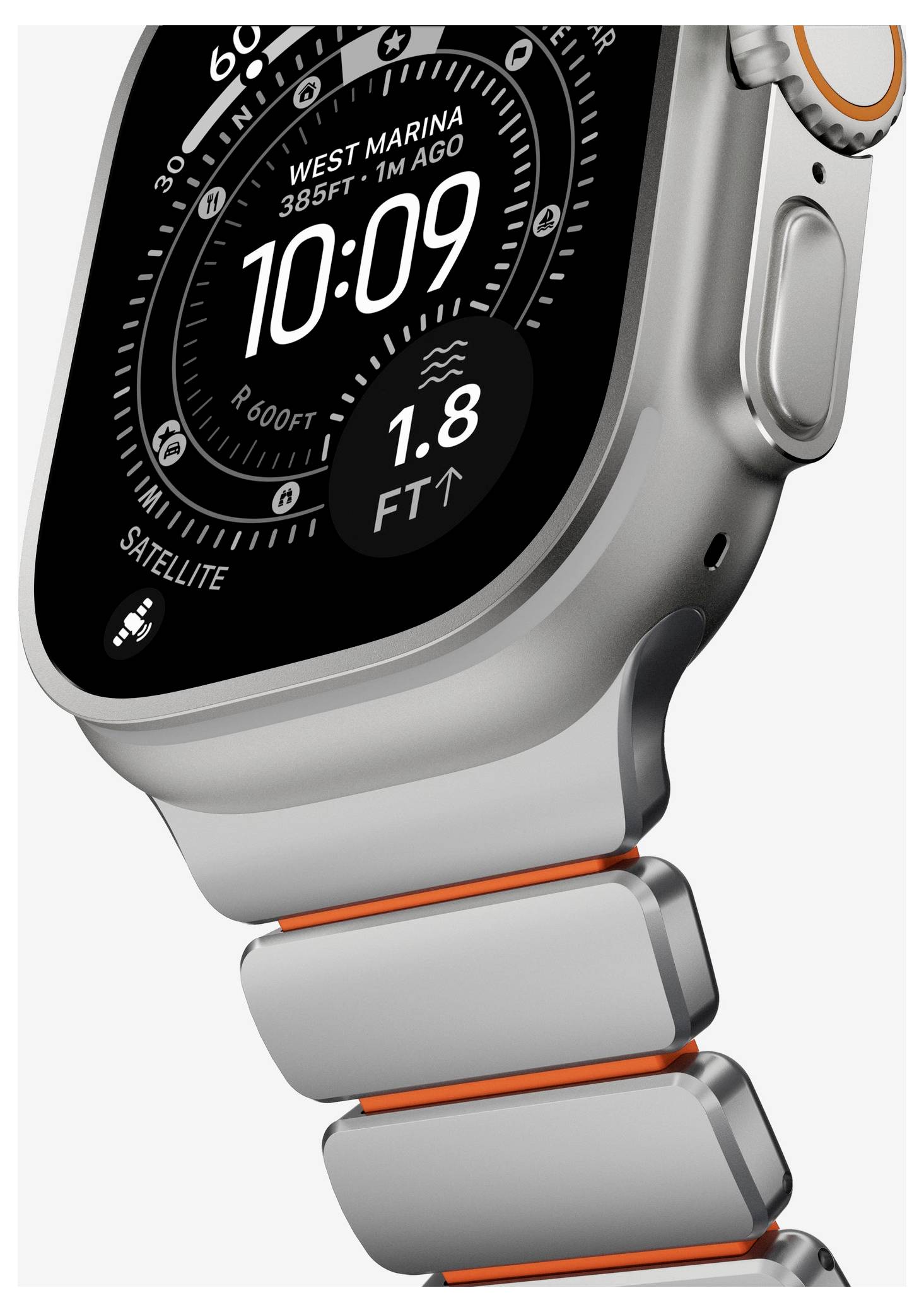 Et sølvfarvet Apple Watch Ultra med sort urskive, der viser 10:09, 'VEST MARINA 385FT, 1M SIDEN,' og en 1,8 FT aflæsning.