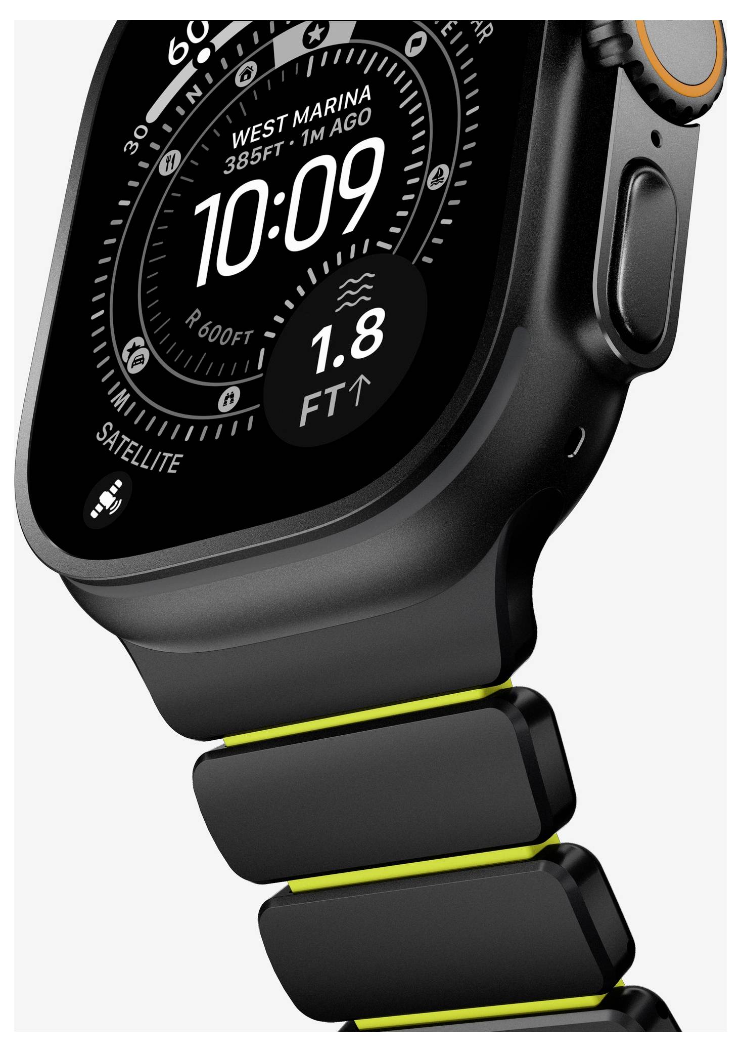 Detaljeret billede af et sort Apple Watch Ultra med en orange handlingsknap, der viser urskiven med '10:09', 'WEST MARINA 385FT 1:40' og '1.8 FT' dybdeoplysninger.