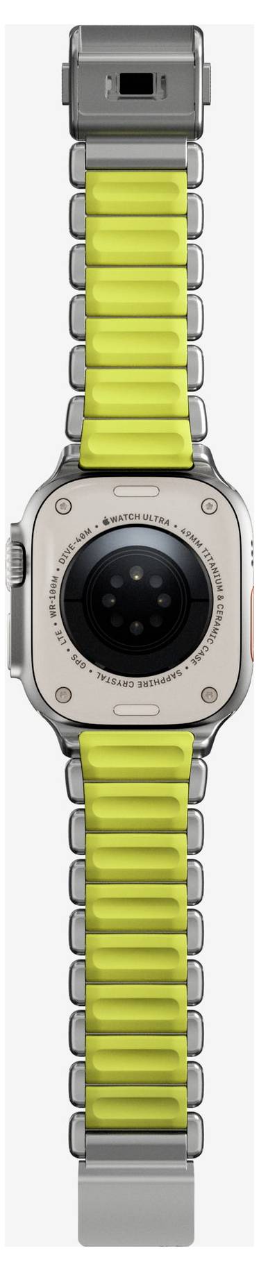 Sølvfarvet smartwatch med rem i klart gult, vist forfra mod en hvid baggrund.