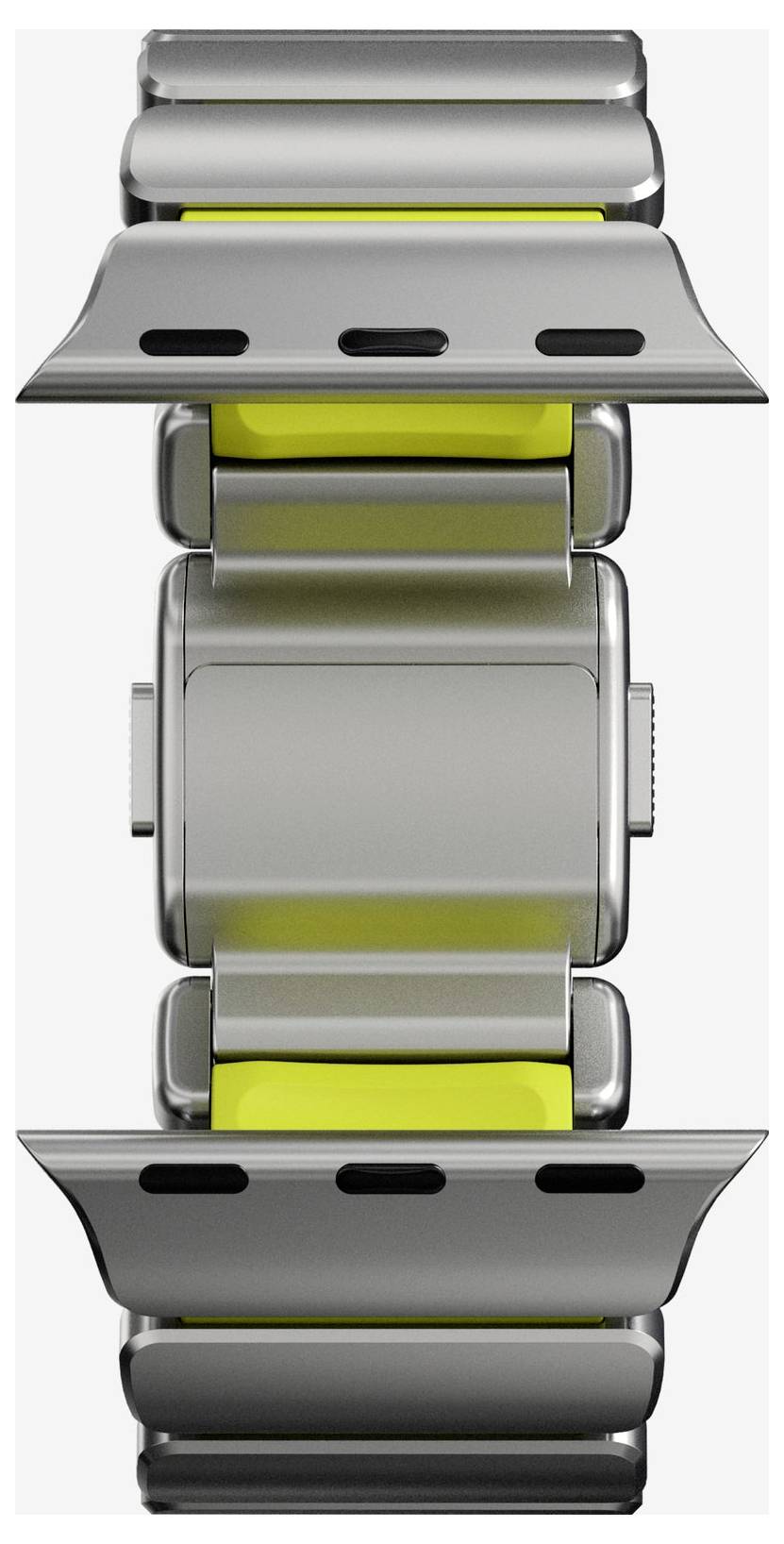 Forside af et metallisk urrem eller armbåndslænke med sølv- og gule detaljer på hvid baggrund.