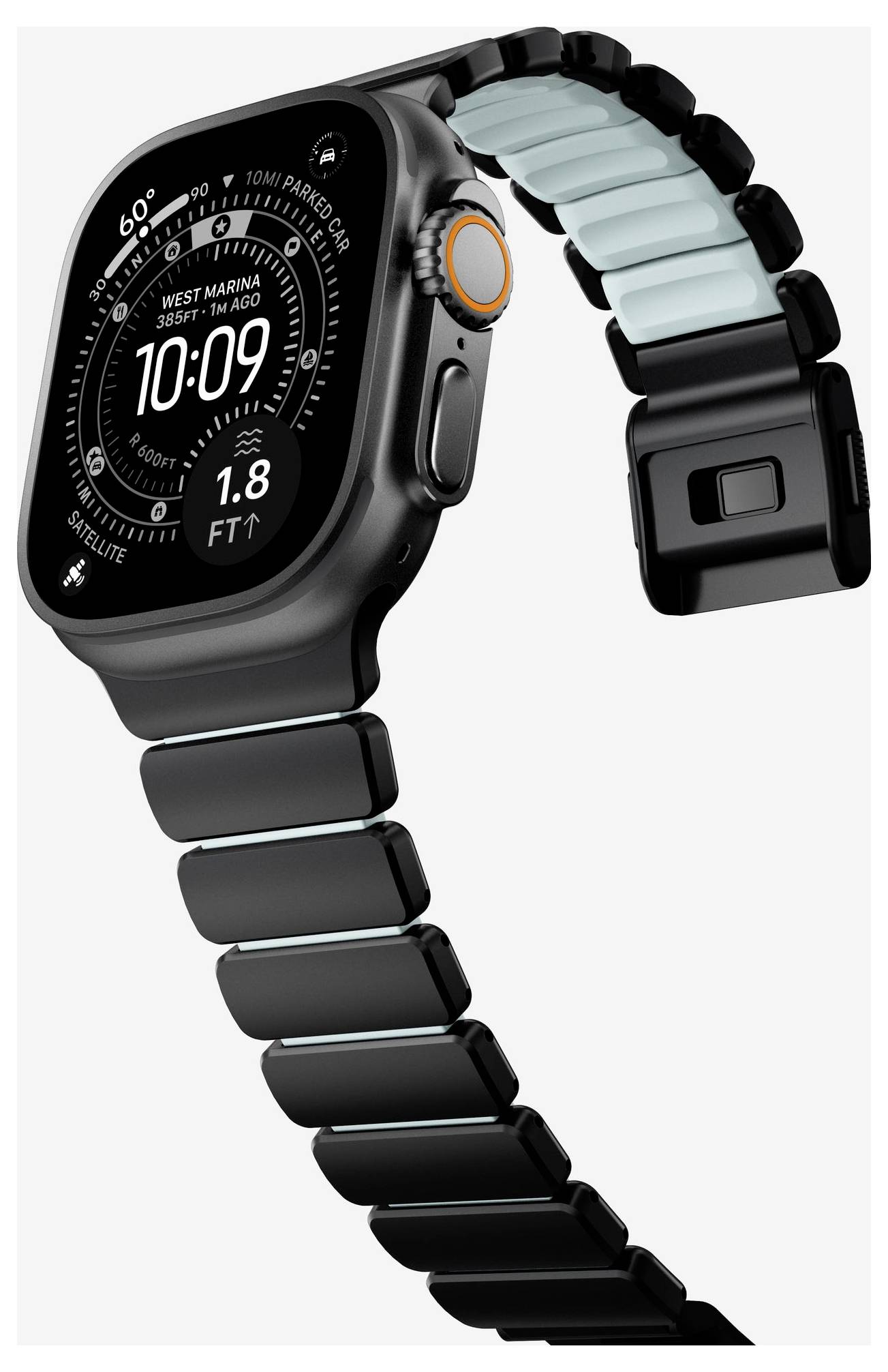 Sort smartwatch med et segmenteret sort-og-lyseblåt bånd, der viser et digitalt urskærm med tiden 10:09 og fitness-/navigationdata.