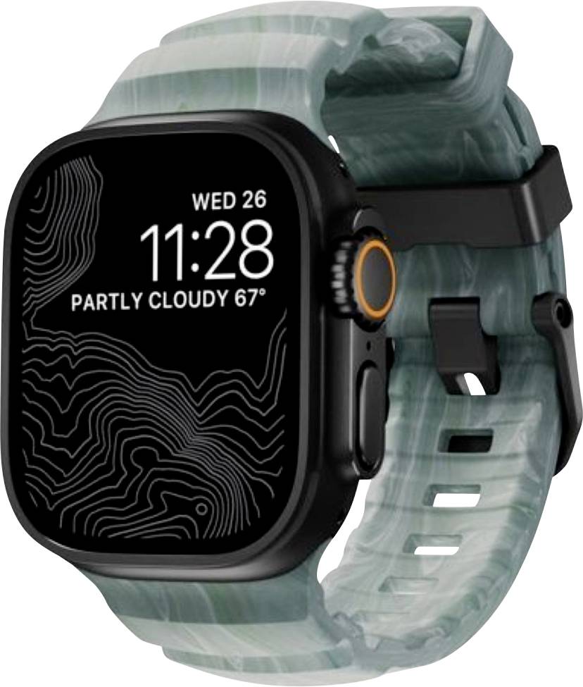 Sort smartwatch med turkis rem, der viser 11:28, ons 26, delvist skyet 67° på skærmen.