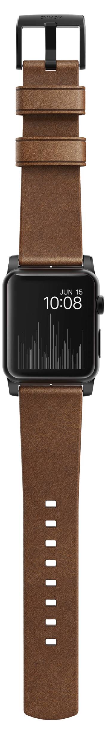 Brun læder smartwatch med sort kvadratisk skærm, der viser 10:08 og lille datotekst for juni 18.