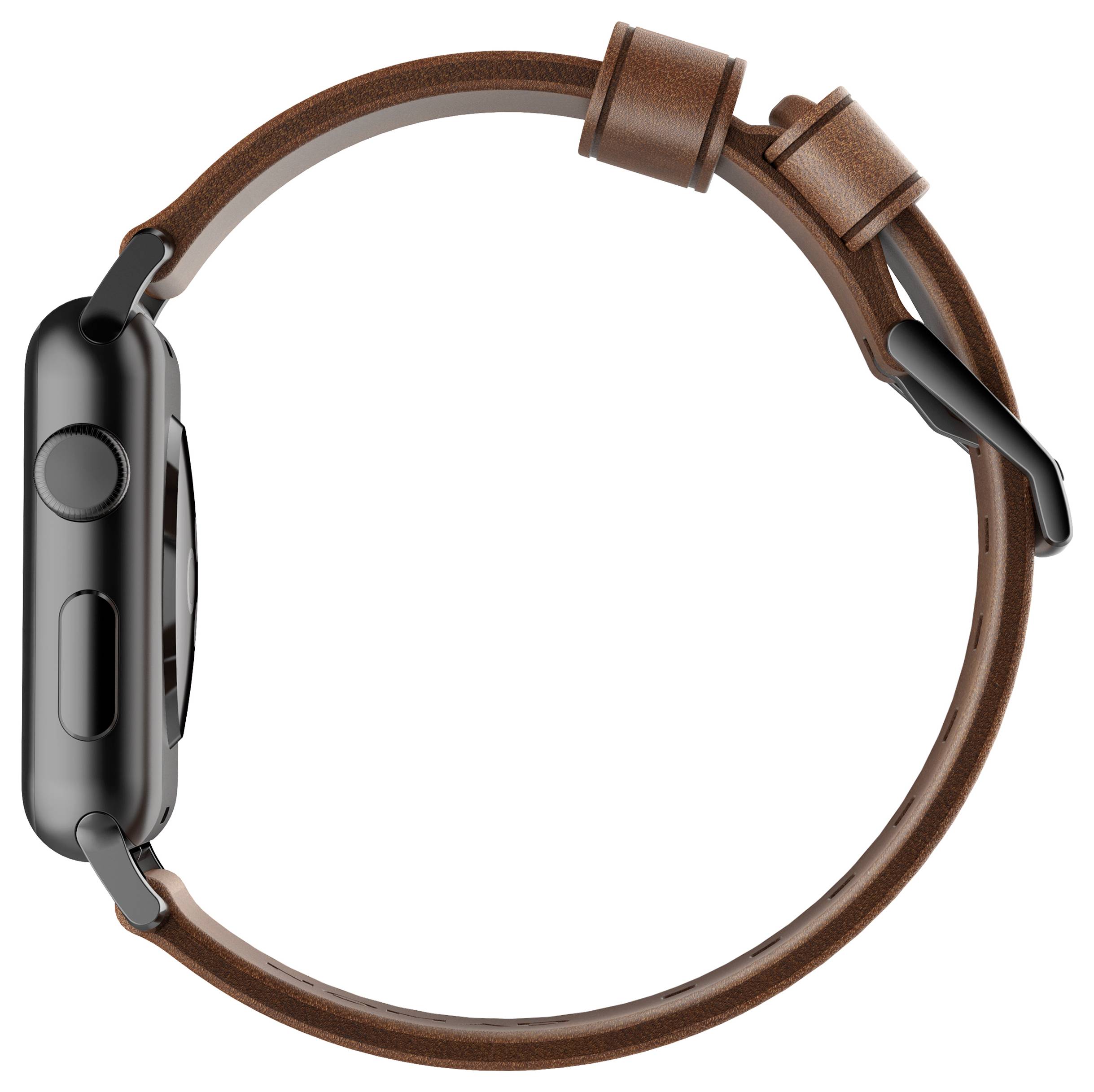 Sidevisning af et smartwatch med sort kasse og brun læderrem på hvid baggrund.