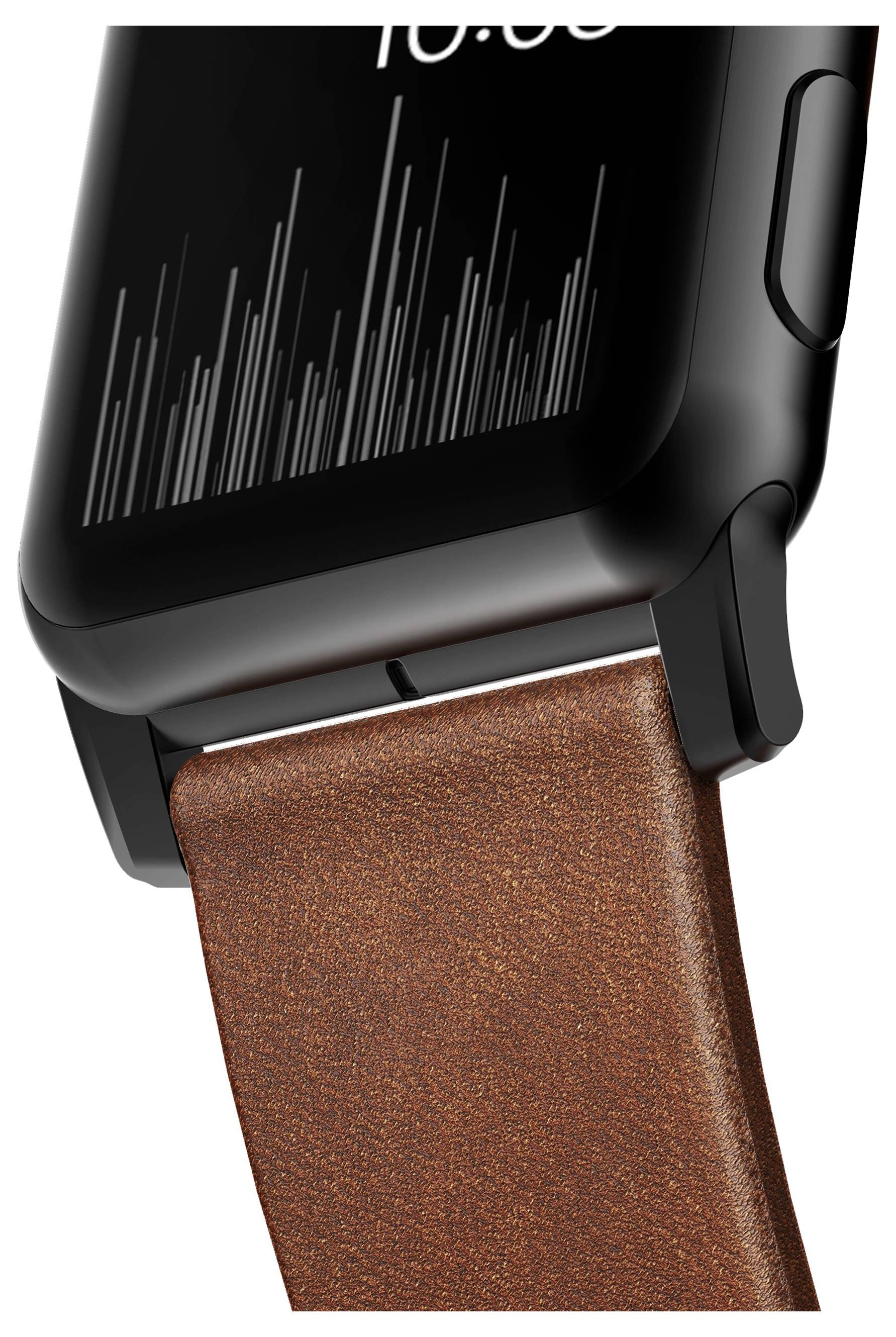 Nærbillede af et sort smartwatch med et brunt læderrem, der viser et analogt display og en sideknap.
