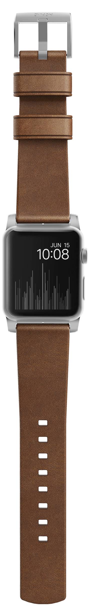 Brunt læderur til Apple Watch med sølvspænde og sort smartwatch-skærm, der viser 10:08 og 15. januar.