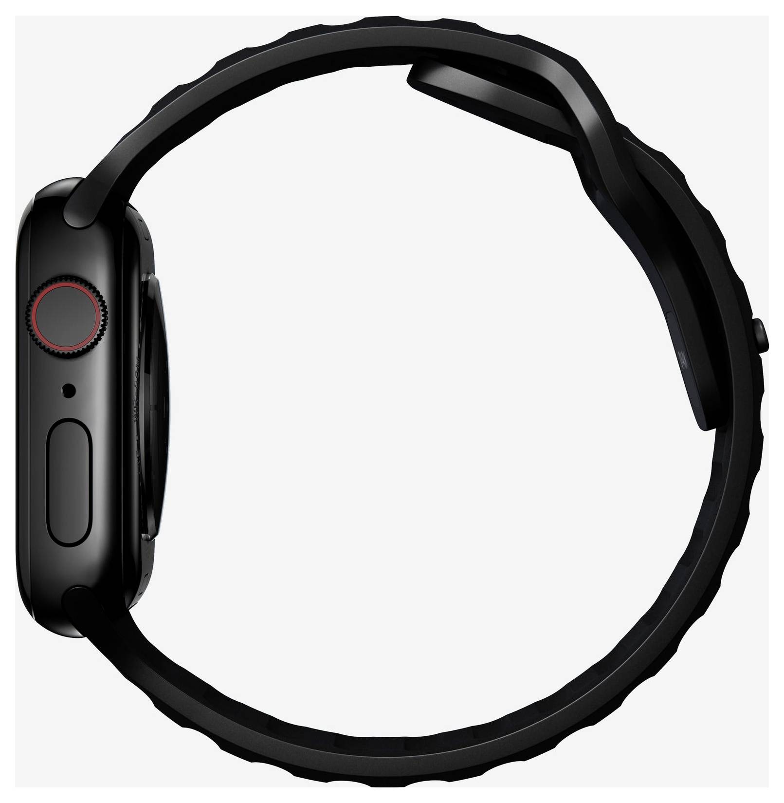 Sort smartwatch vist i profil, med rundt display, rød-accentueret krone og sort bånd på hvid baggrund.