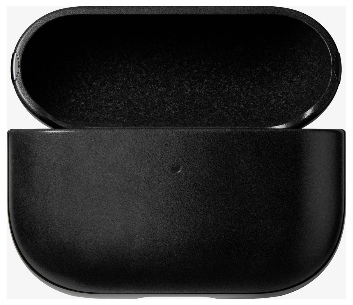 Sort oval hårdt etui eller transportkasse, åbent for at vise et hult foret indre og lukket nedre rum.