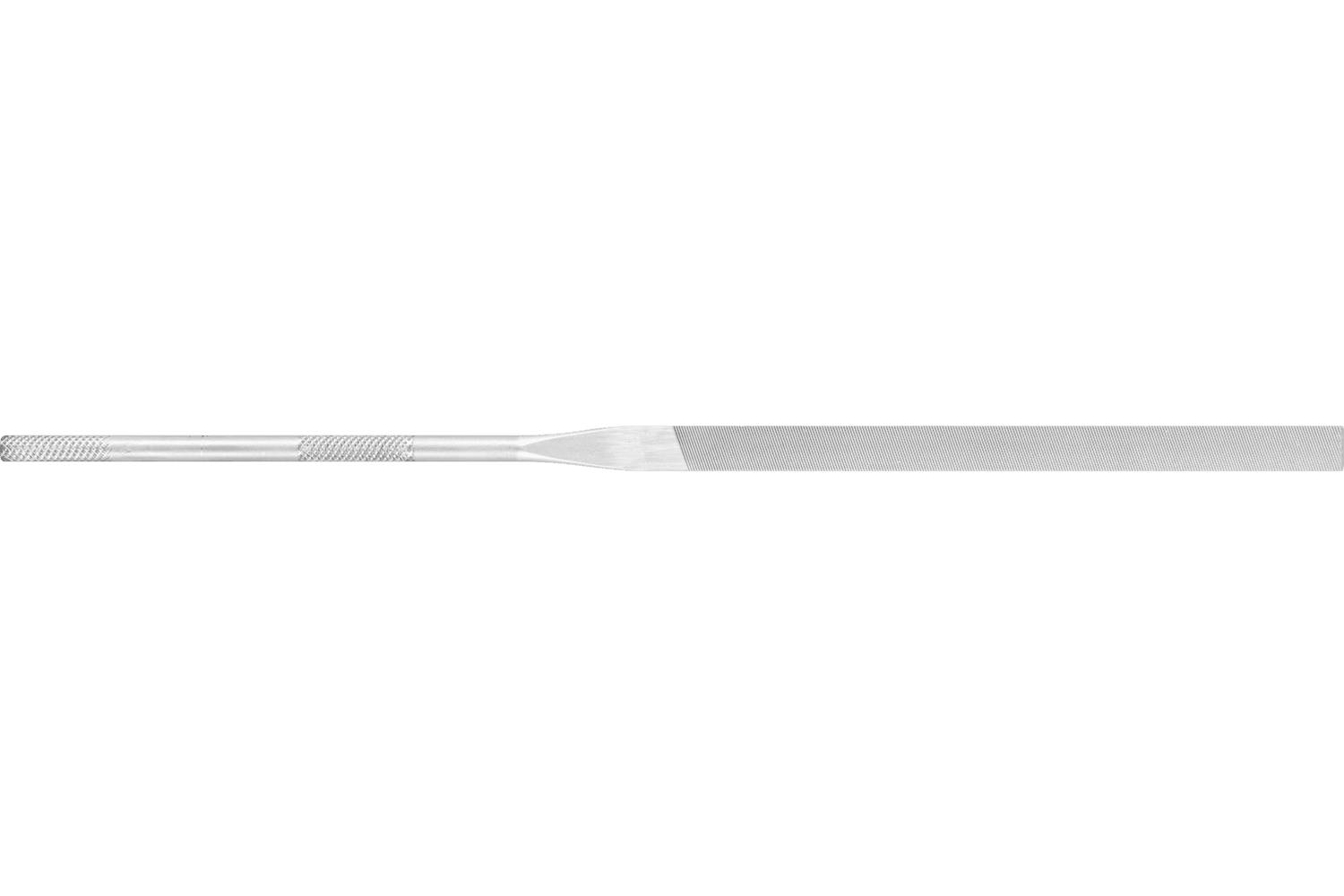 En lang, tynd metalfil eller raspfil af sølv med en struktureret greb og tilspidset skaft, vist vandret på hvid baggrund.
