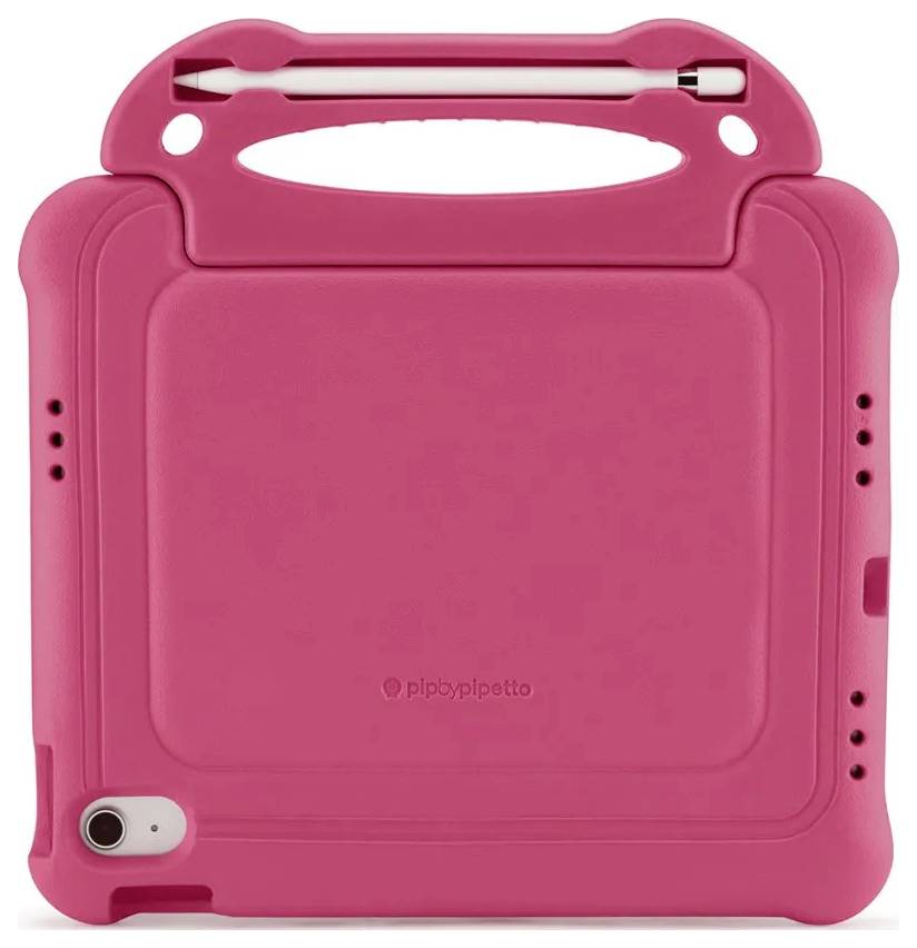 Lyserød tabletcover med integreret bærehank og stylus-holder, vist forfra på hvid baggrund.