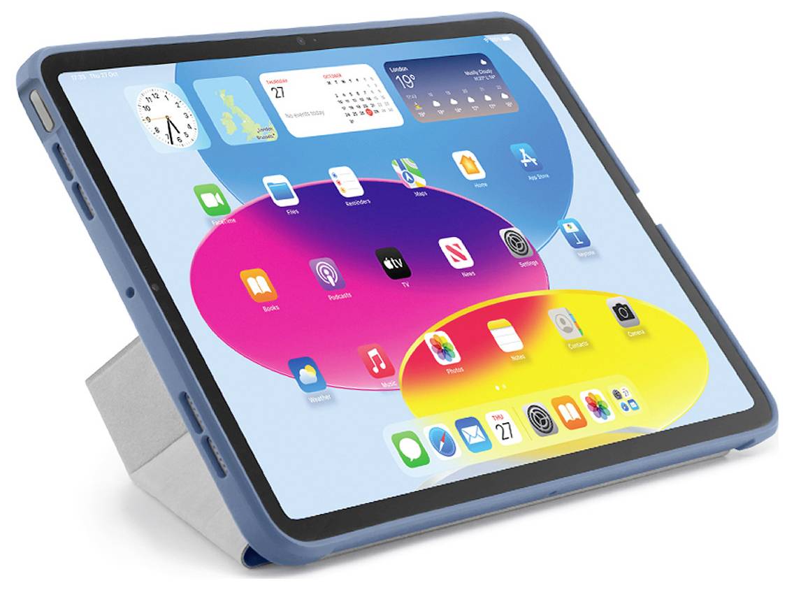 Tablet i et blåt beskyttelsescover, der viser en farverig startskærm med app-ikoner og widgets.