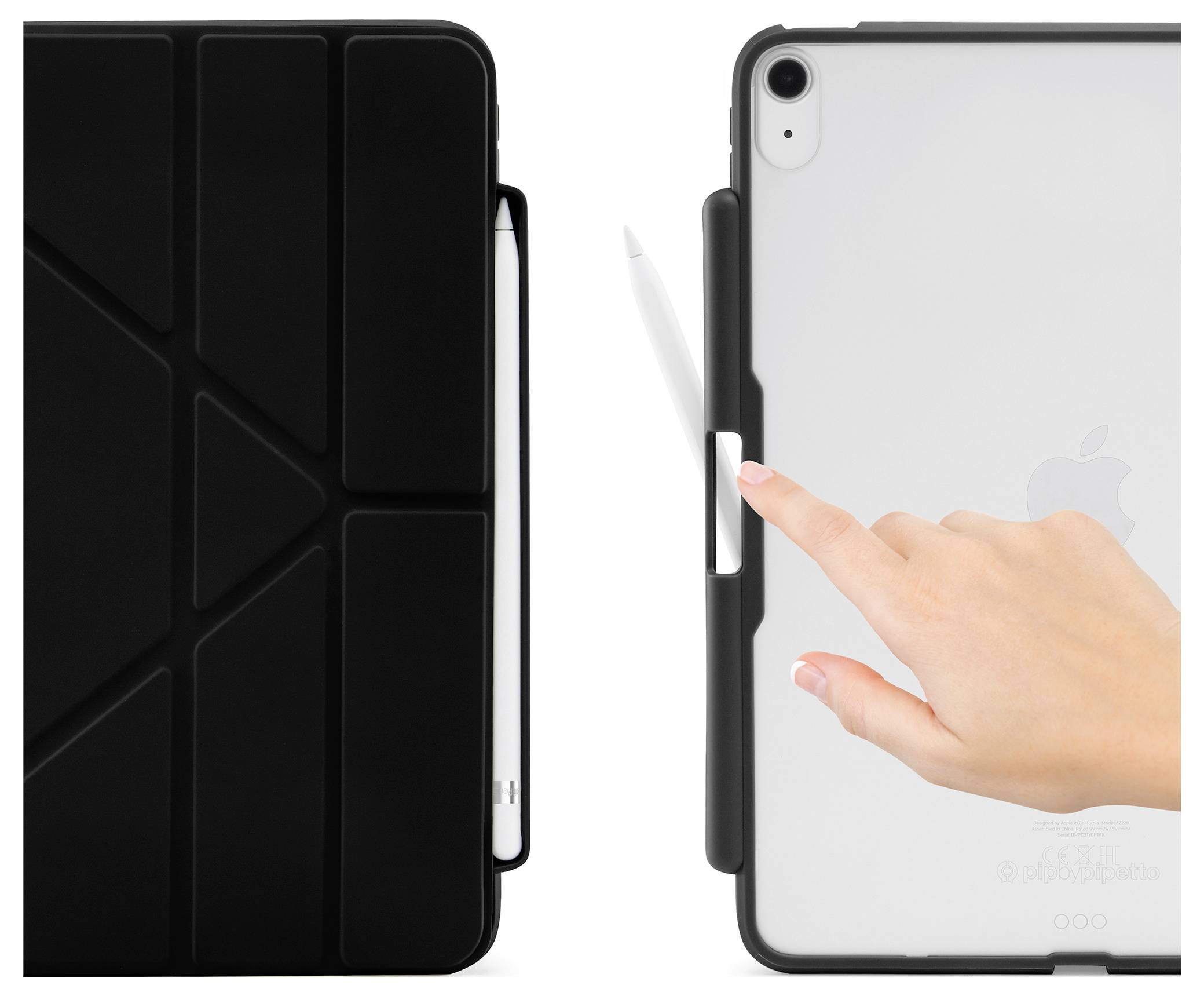 Sort folio iPad-etui vist fra for- og bagside, med en hånd, der trykker på sideknappen på tabletten i bagdækslet.