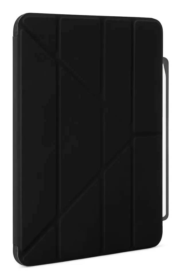 Sort tablet- eller laptophylster med sidehåndtag, vist på hvid baggrund.