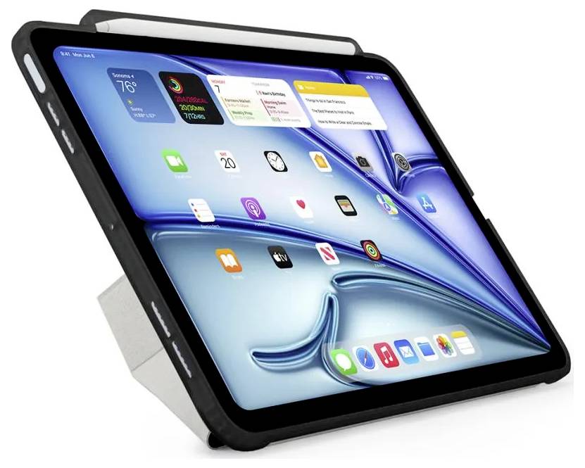 En tablet i et sort beskyttelsescover vist i en vinkel, der viser en startskærm med app-ikoner på en hvid baggrund.