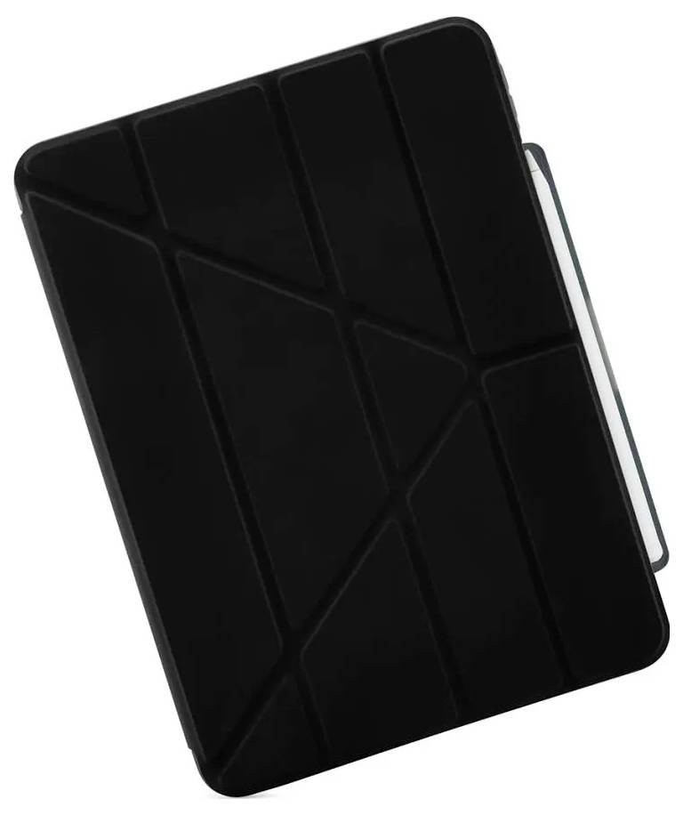 Sort tablet folio-etui vist lukket, med et geometrisk foldmønster og en synlig sidekant.