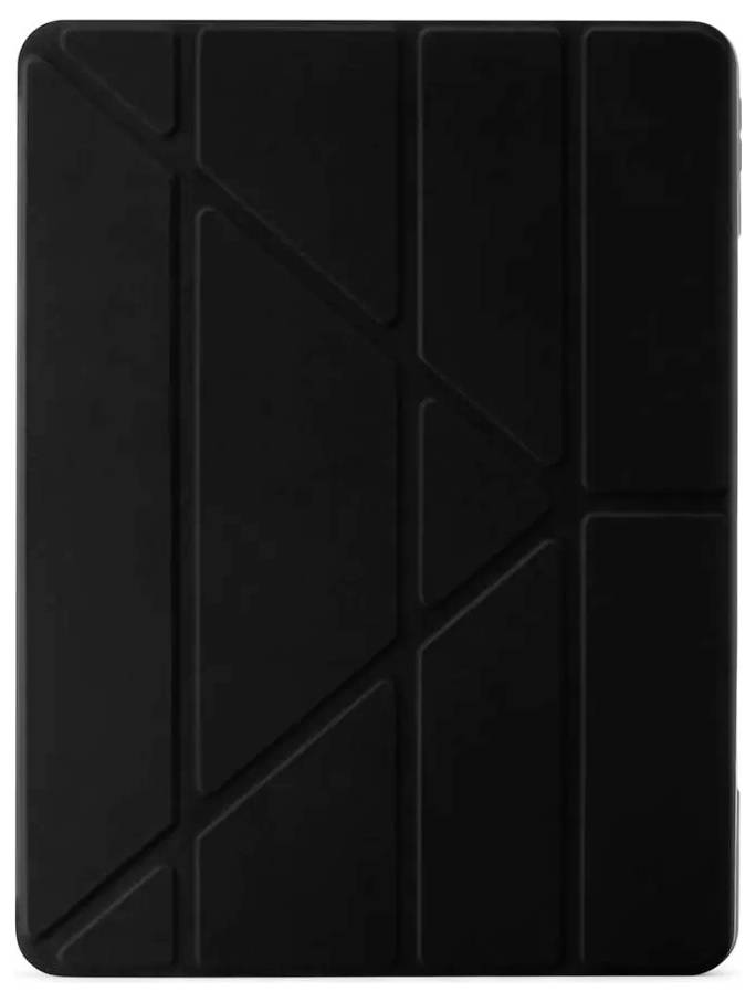 Sort tablet cover eller etui med geometrisk paneelmønster og afrundede hjørner, vist på hvid baggrund.