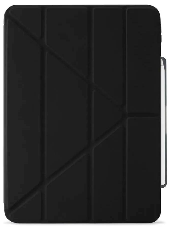 Sort tablet foliohylster med vinklet geometrisk paneeldesign og sideåbning, der viser enhedens kant.