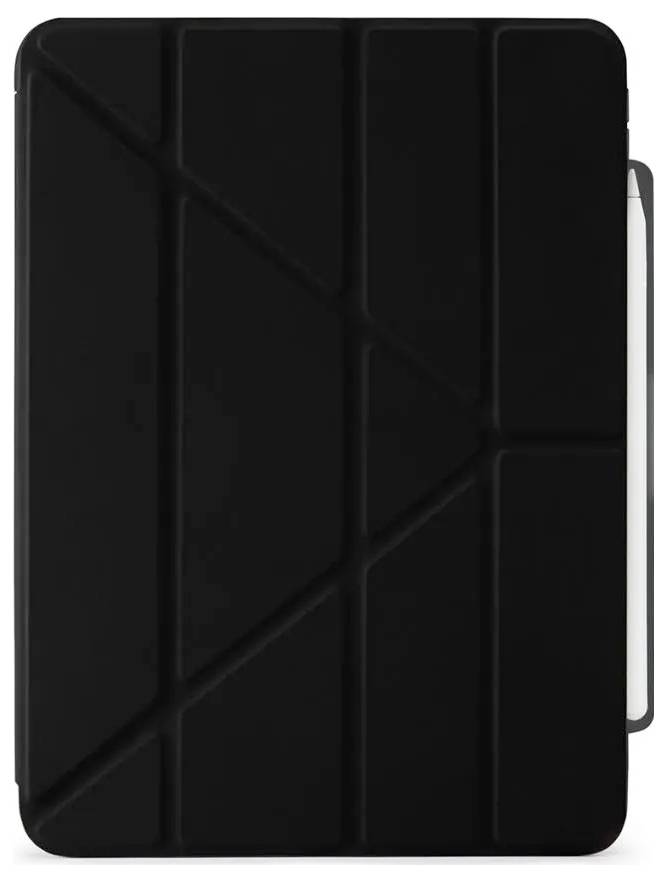 Sort tablet folio-etui med et foldbart forsidedæksel og en synlig stylus fastgjort på højre side.
