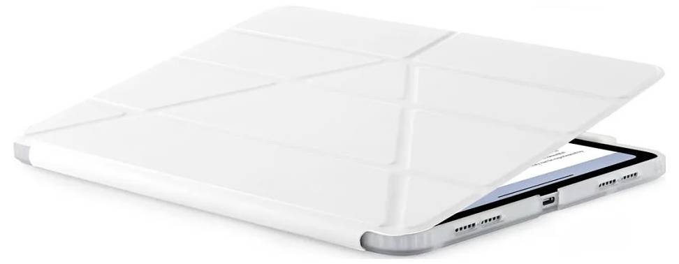 Hvidt folio-style tablet etui, der delvist dækker en tablet, vist lukket i en vinkel på hvid baggrund.