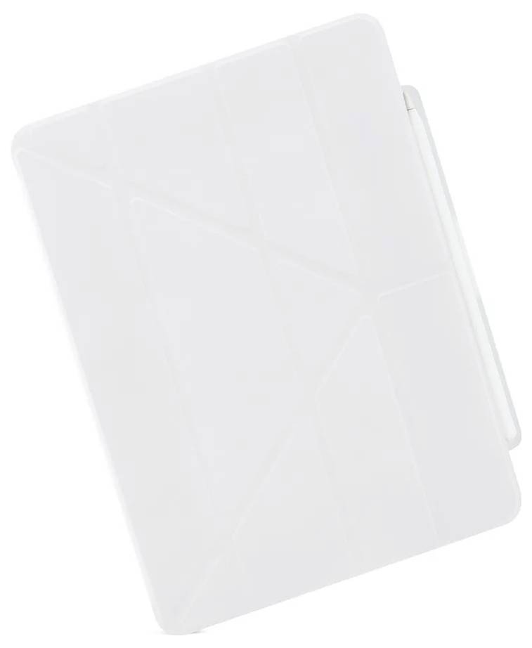 Hvidt gennemsigtigt foldebart tablet-stativ eller cover vist i en vinkel på en plain baggrund.