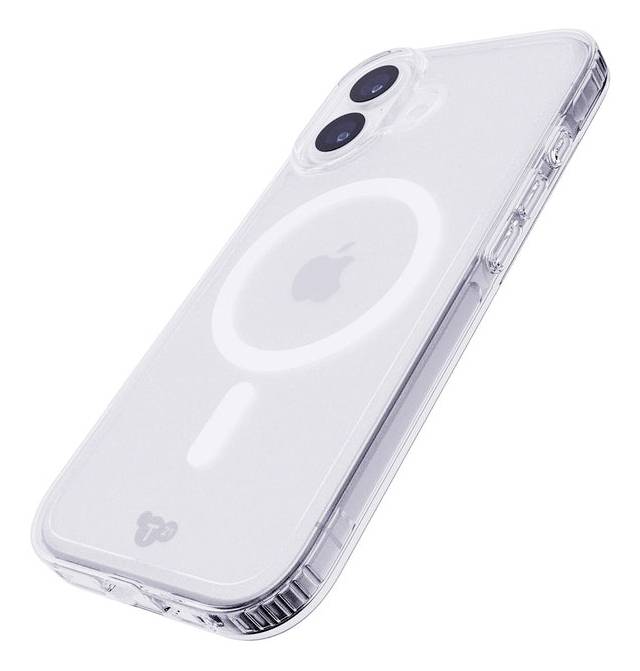 Klar beskyttende telefonetui vist på en iPhone, med en MagSafe-ring og synligt dobbelt kamerasnit.