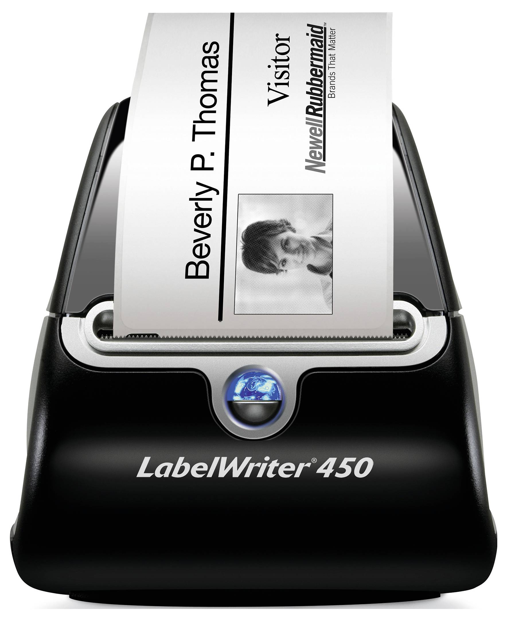 LabelWriter 450 etiketprinter udskriver et besøgsbadge med navnet Beverly P. Thomas med et lille portræt og Newell Rubbermaid-mærkning.