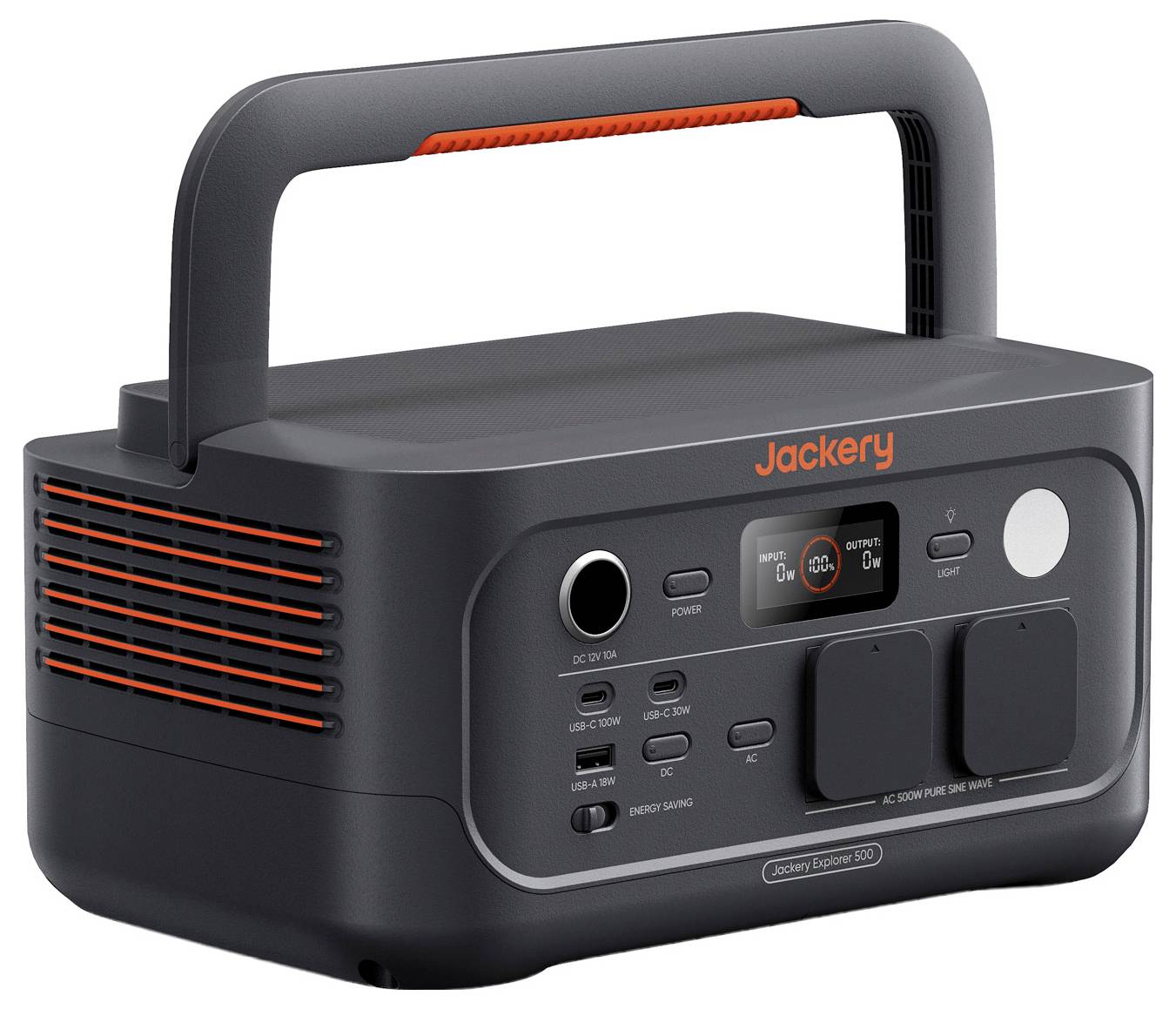 Bærbar Jackery-kraftstation med håndtag, AC-stikkontakter, USB-porte, display og ventilationshuller til off-grid opladning og backupstrøm.
