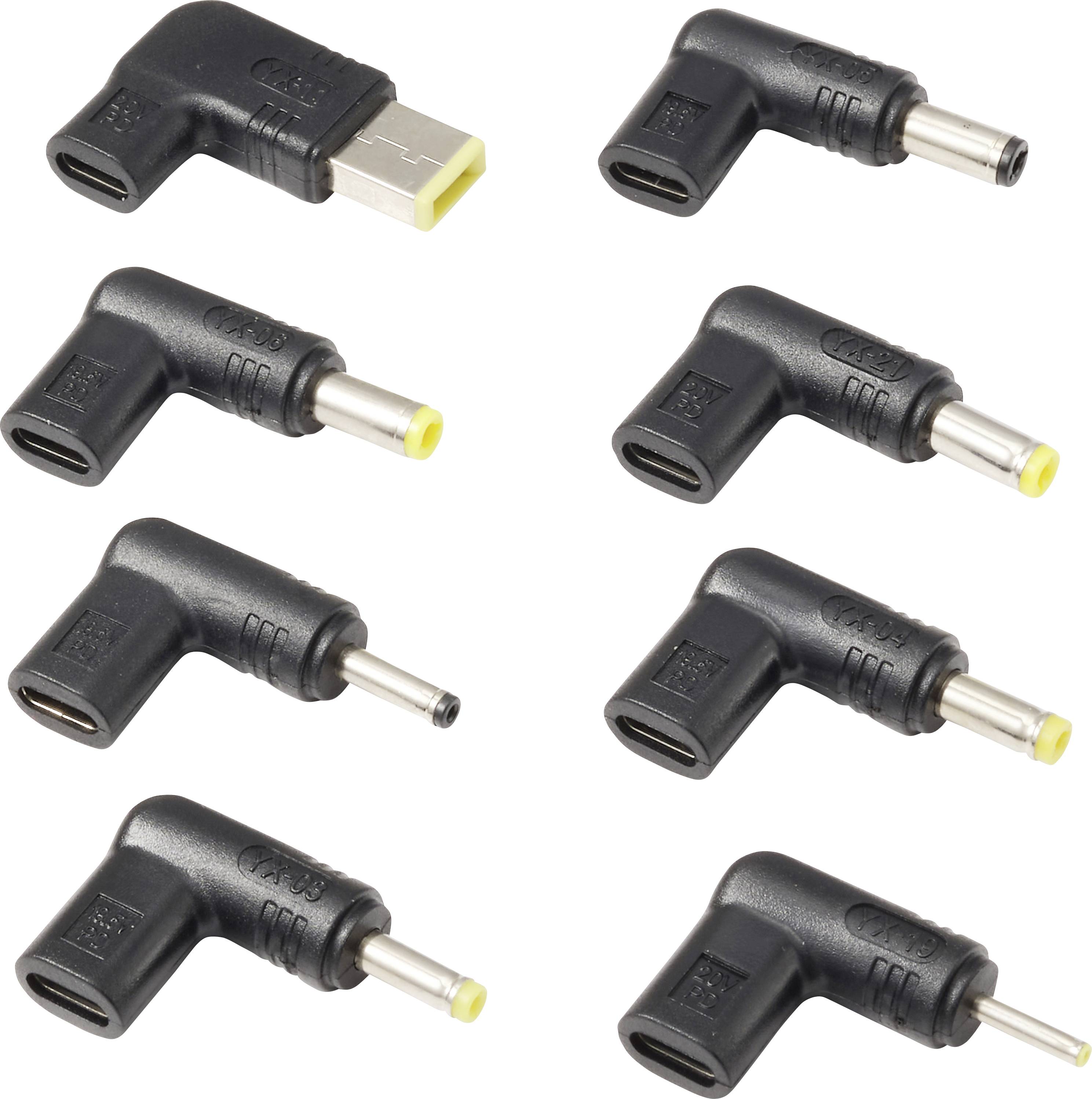 Otte sorte DC-strømadapterpropper med retvinklet design og varierende tønde- og USB-lignende stiktyper på hvid baggrund.