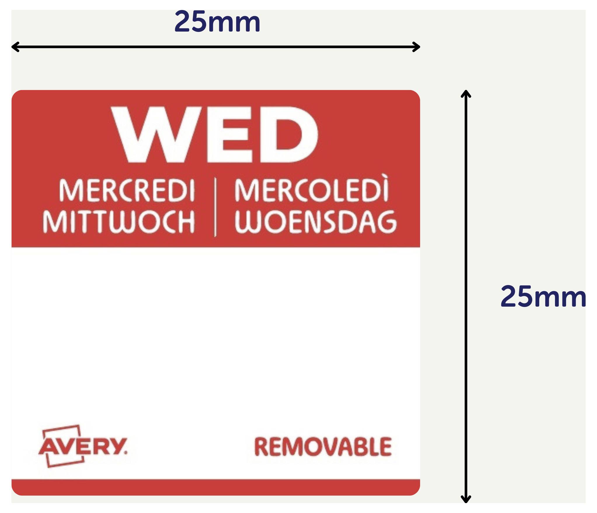 Firkantet Avery aftagelig datoetiket, 25 mm x 25 mm, rød overskrift med 'ONSDAG' og flersproget ugedagnavne, blank hvid nederste område, dimensioner vist med piler.