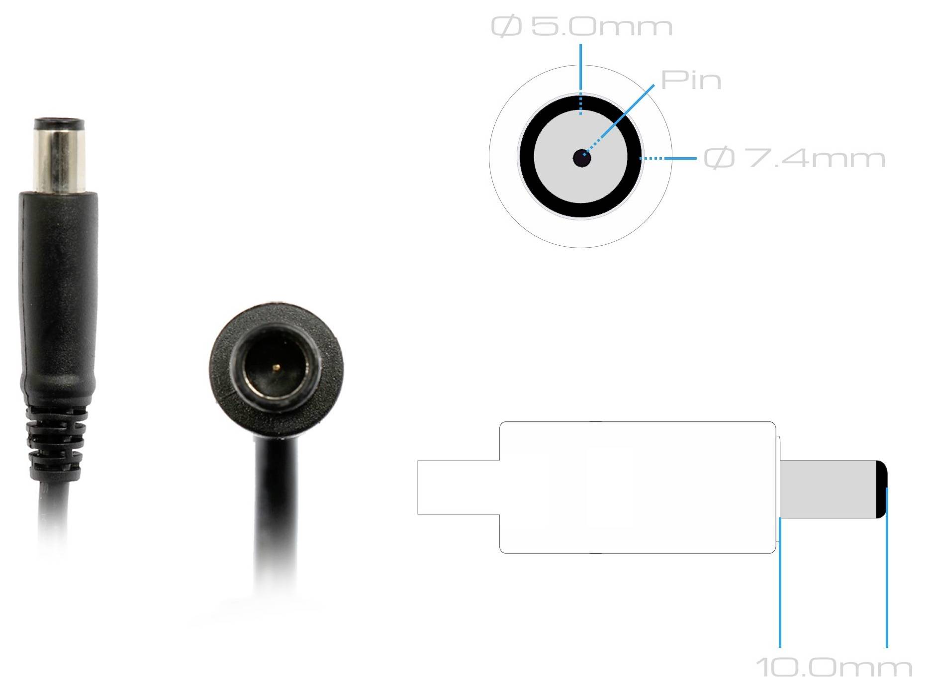 Diagram af en DC-tøndestrøm-stik, der viser stikket og soklen med angivne dimensioner 5,0 mm, 7,4 mm, pin og 10,0 mm længde.