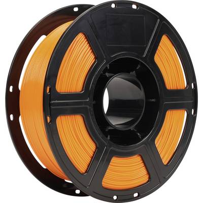 Spole med orange 3D-printfilament på en sort hjul, vist mod en hvid baggrund.