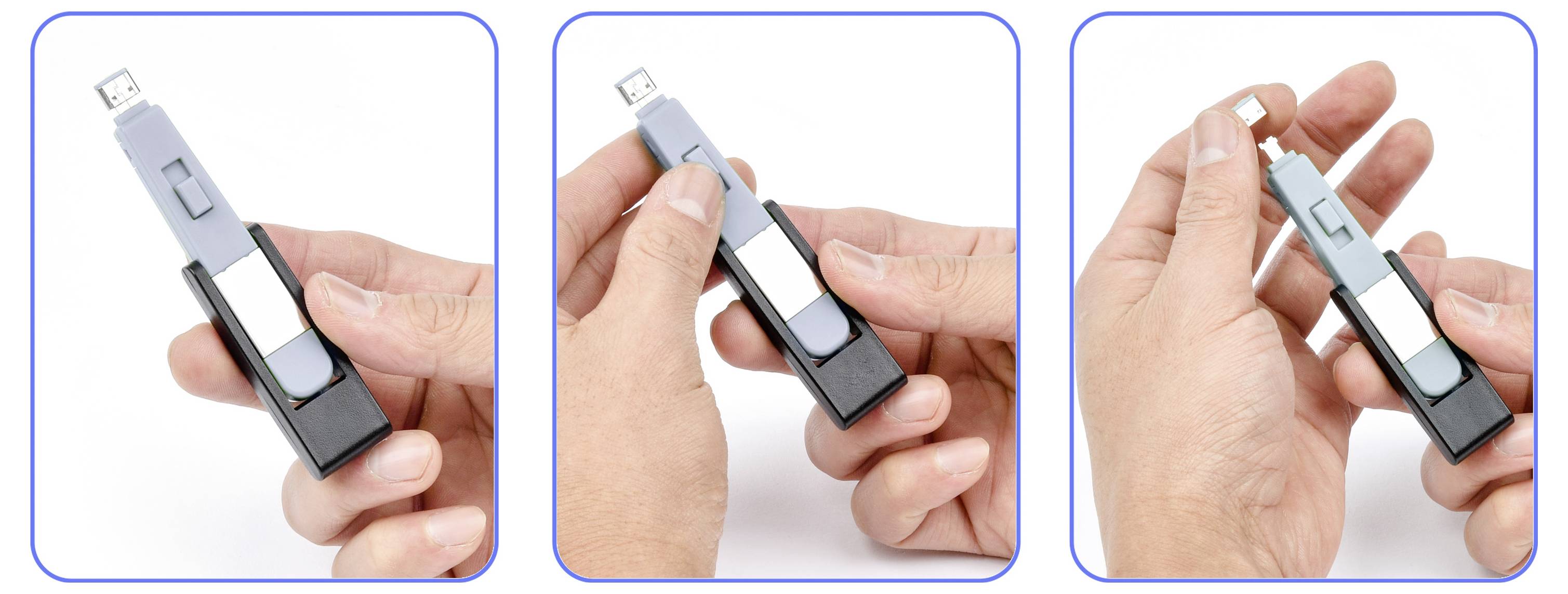 Tre-trins hånddemonstation af et udtrækeligt USB-flashdrev: thumbslider-knappen forlænger og trækker stikket ind.