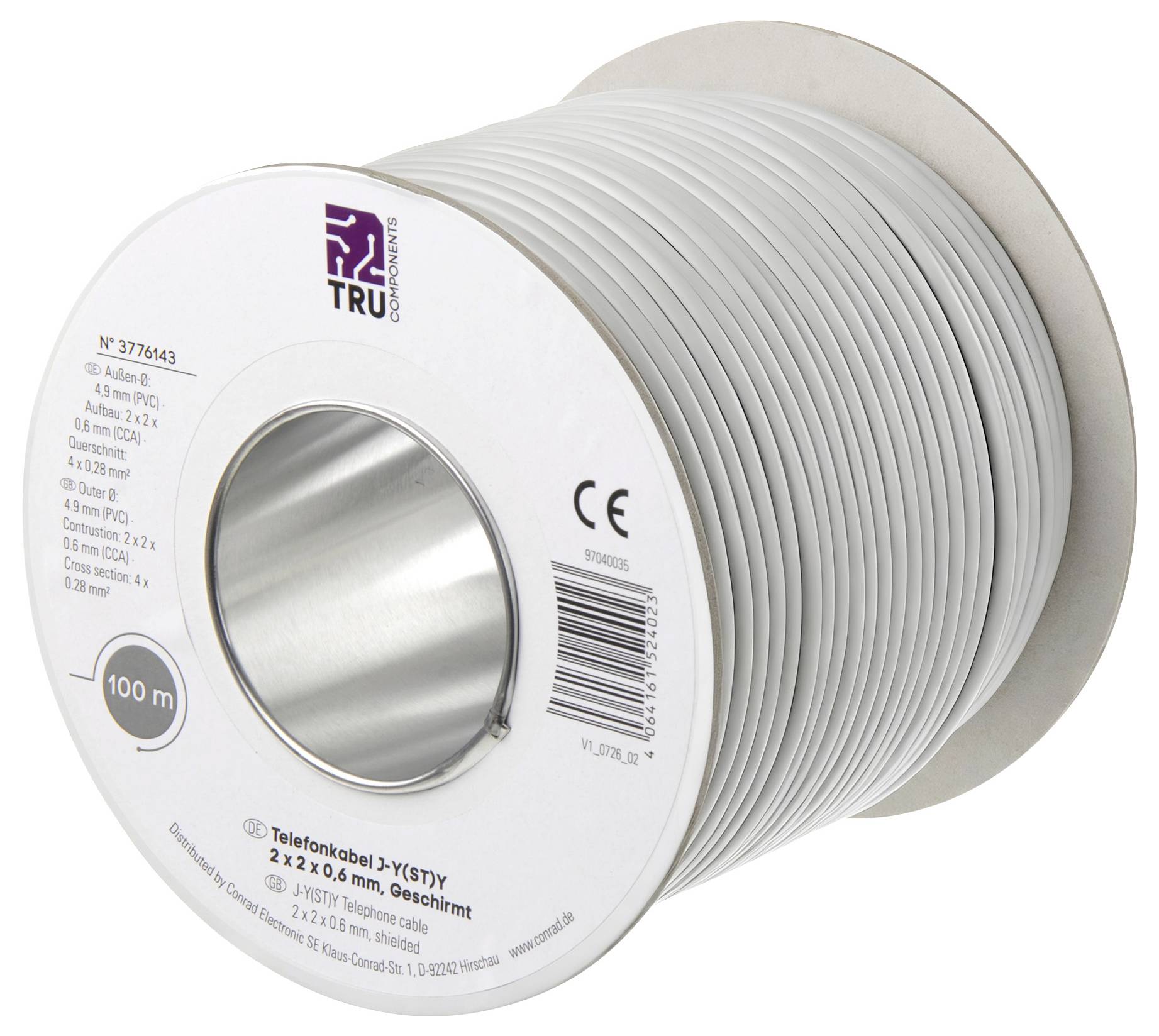 Spole med grå kabel på en tromle, mærket TRU Components, markeret 100 m og CE, vist på hvid baggrund.