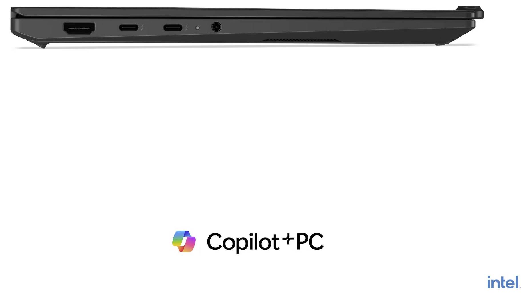 Sidevisning af en tyndt sort bærbar computer, med Copilot+PC og Intel-mærkning vist nedenfor.