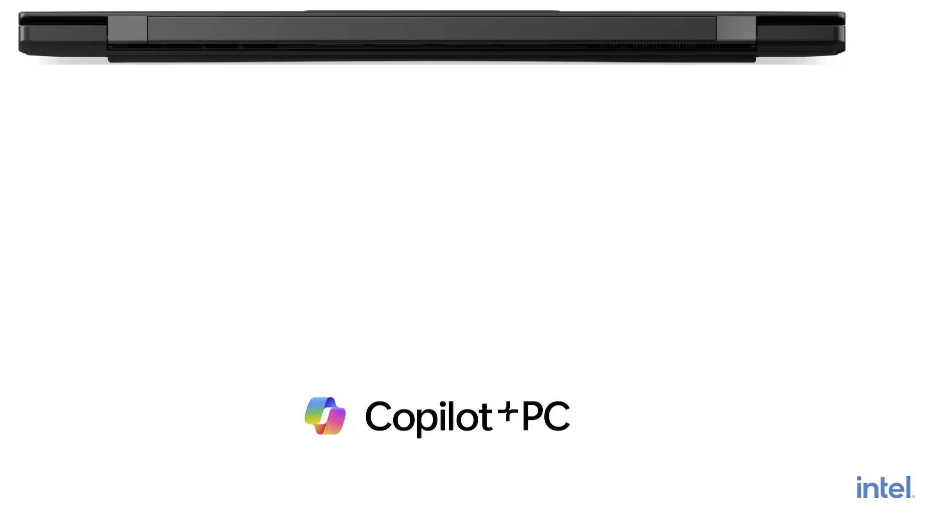 Sideview af en laptop over Copilot+ PC-logoet, med Intel-branding i nederste højre hjørne.