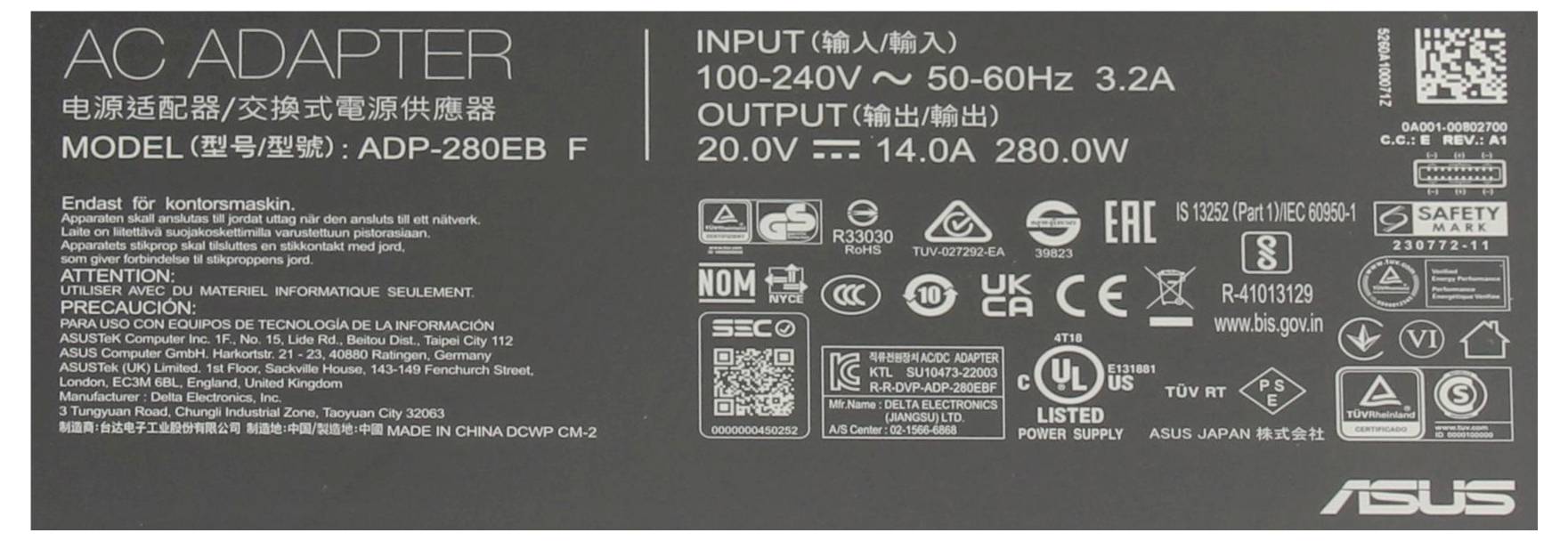 ASUS AC-adapter label viser model ADP-280EB F, input 100-240V 50-60Hz 3,2A og output 20,0V 14,0A 280,0W, med sikkerhedscertificeringer.