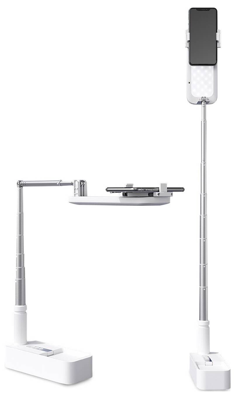 Produktvisning af en smartphone monteret på et højt justerbart stativ, forbundet via en arm til en anden base med en platform i midten.