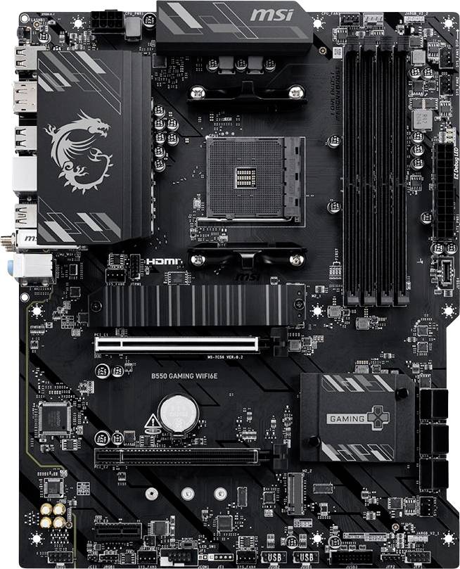 MSI B550 Gaming WiFi bundkort vist fra oven, med AM4 CPU-sokkel, RAM-slots, PCIe-slots, køleribber og bageste I/O-porte synlige.
