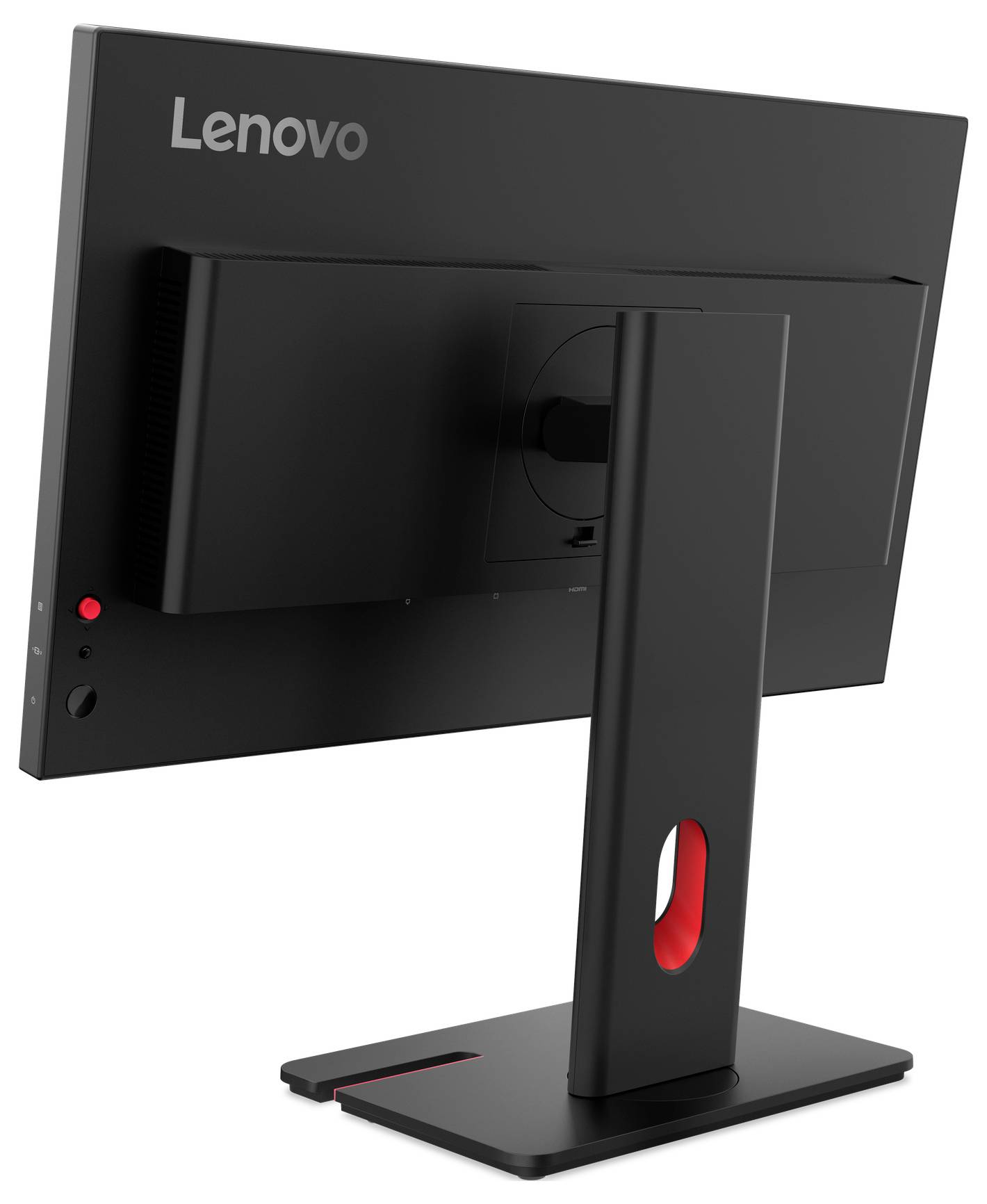 Bagsidebillede af en sort Lenovo-skrivebordsskærm på en stativ, der viser bagpanelet, ventilation og åbningen til kabeladministration.