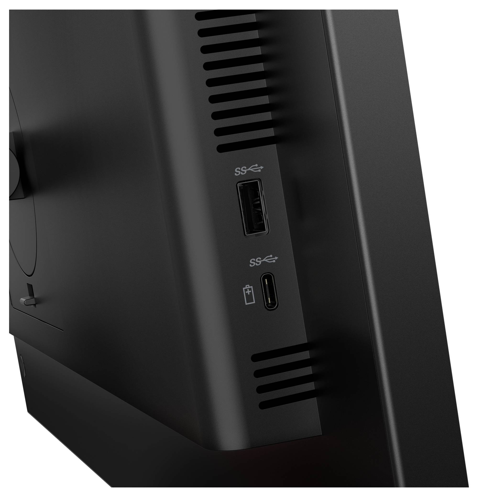 Nærbillede af en monitor- eller enhedssidepanel med én USB-A-port og én USB-C-port, begge mærket SS for SuperSpeed.