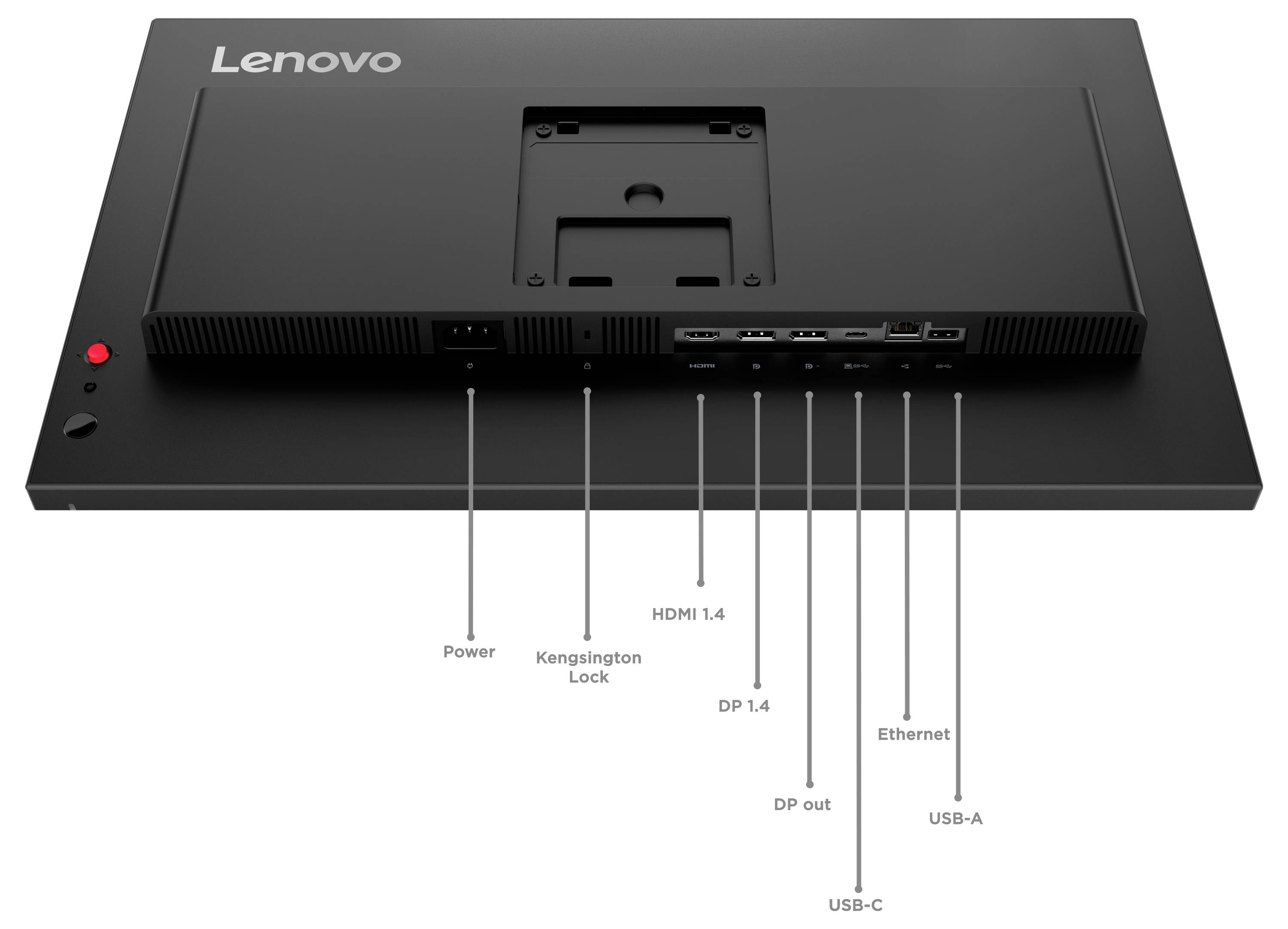 Bagside af en Lenovo-skærm med mærkede porte: strøm, Kensington-lås, HDMI 1.4, DP 1.4, DP ud, USB-C, Ethernet og USB-A.